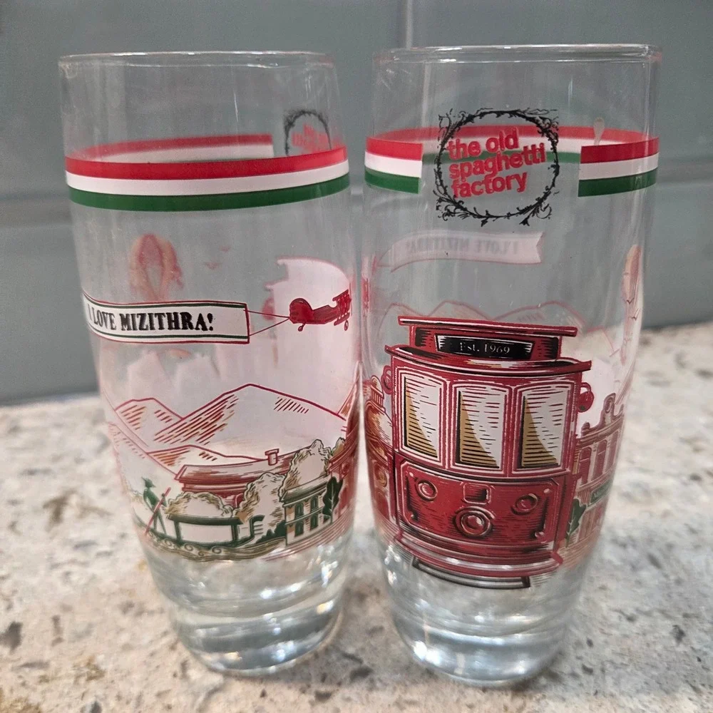 Vintage The Old Spaghetti Factory I Love Mizithra Trolley Drinking Glasses Set 2